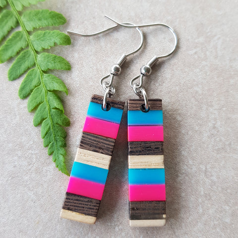 Rectangle Sml Resin & Wood Earrings - Pink/Blue Stripe #1