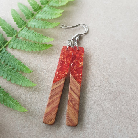 Coral Pink Rectangle Drops Resin & Wood Earrings