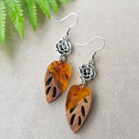 Flower Leaf Resin & Wood Earrings - Dark Orange