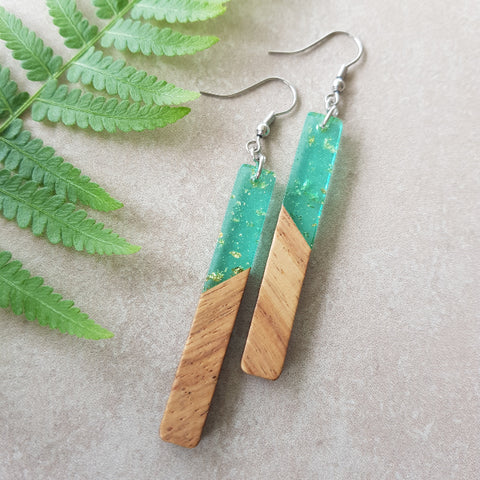 Green Rectangle Drops Resin & Wood Earrings