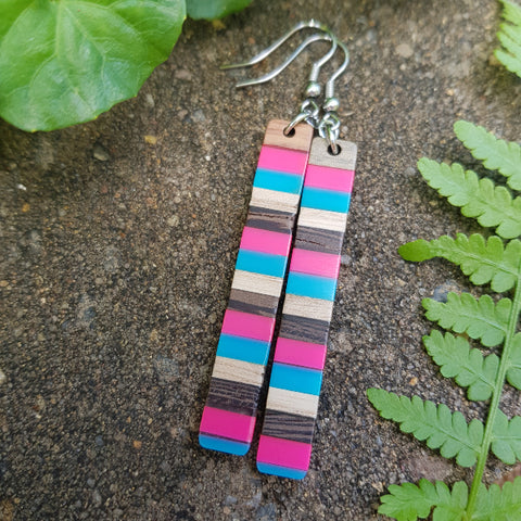 Rectangle Lrg Resin & Wood Earrings - Pink/Blue Stripe