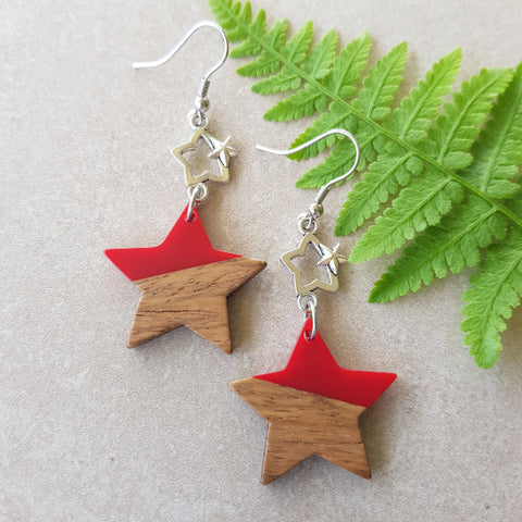 Star Resin & Wood Earrings - Red #2