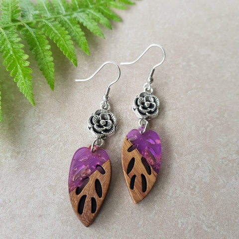 Flower Leaf Resin & Wood Earrings - Purple