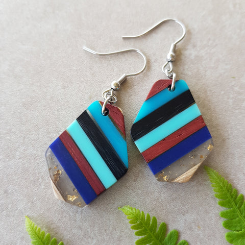 Resin & Wood Earrings - Blue Stripe
